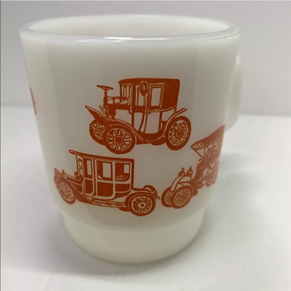 Vintage Fire King Milk Glass Coffee Mug Cup Orange Antique Cars Automobiles - Picture 3 of 12